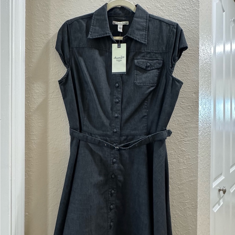 American Rag Dark Blue Denim Button-Front Fit-and-Flare Midi Dress - Picture 3 of 8